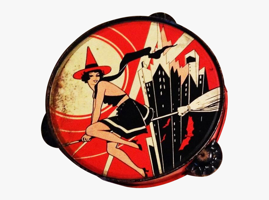 Rare Sexy Flying Witch Art Deco Metal Tambourine Noisemaker - Darts, Transparent Clipart