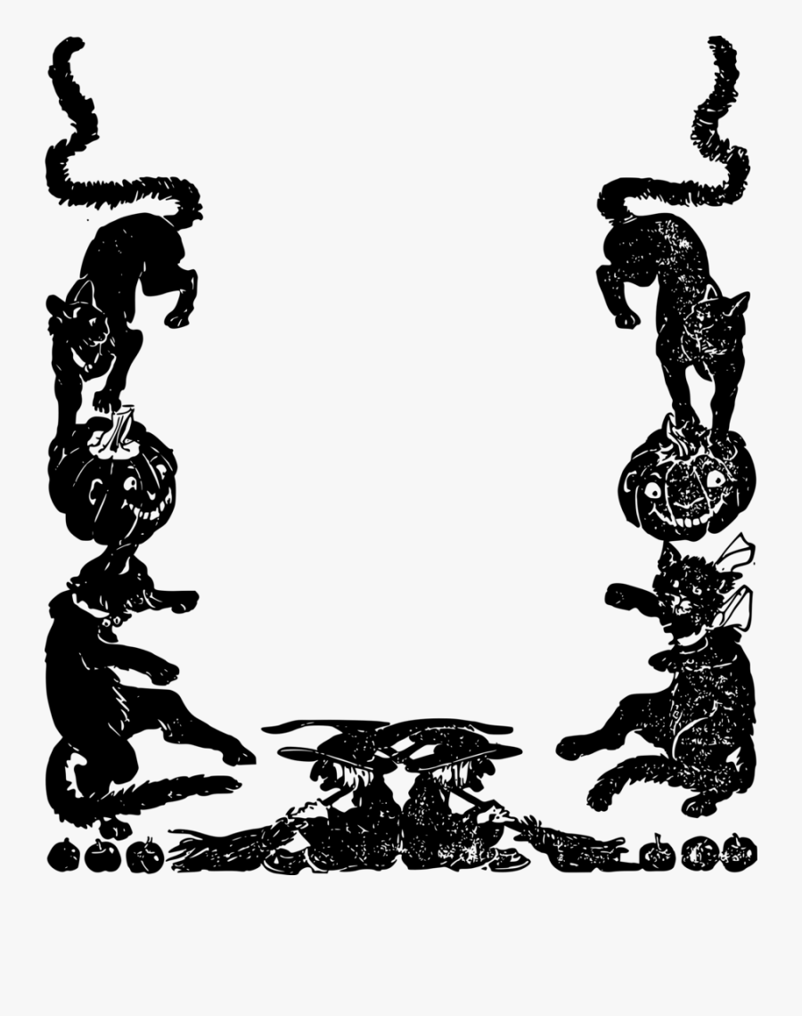 Cats Witches Frame - Transparent Background Halloween Clip Art, Transparent Clipart