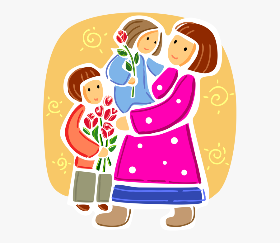 Vector Illustration Of Mother Carries Daughter With - Cartoon Mother And Two Daughters, Transparent Clipart