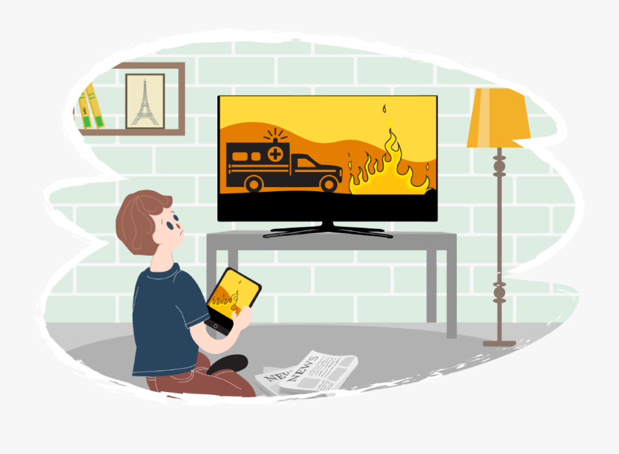 Boy Watching Tv And Ipad With Scary News On Them - Boy Watching News Cartoon, Transparent Clipart