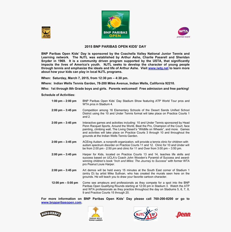 Bnp Kids Day Fact Sheet 02 13 - Indian Wells Masters, Transparent Clipart
