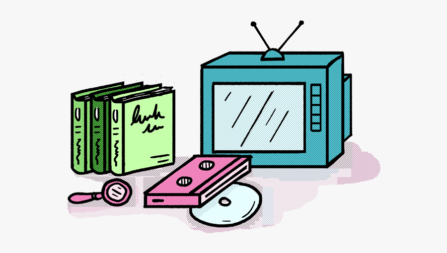 A Drawn Image Of A Tv, Three Books, Vhs Tape, Cd, And, Transparent Clipart