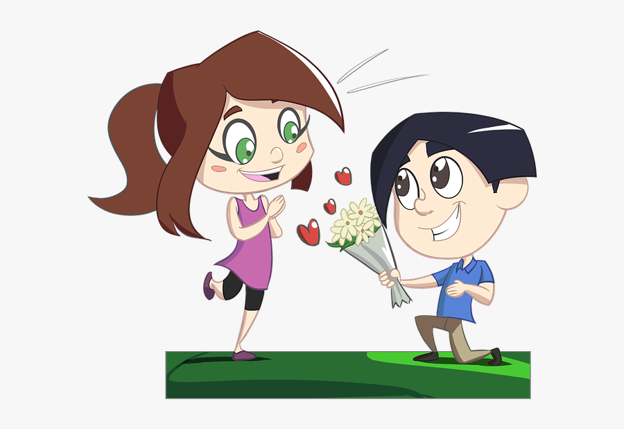 Boy Giving Flowers To Girl Cartoon, Transparent Clipart