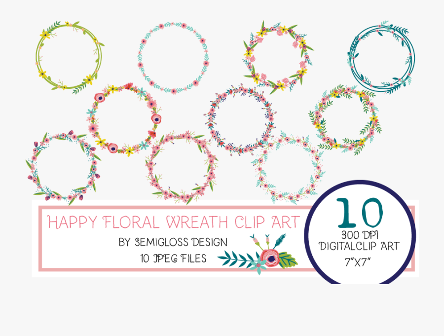 Floral Wreath Clipart With Hand-drawn Flowers Example - Complete Strand Of Mixed Beads: Feather Beads, Striped, Transparent Clipart