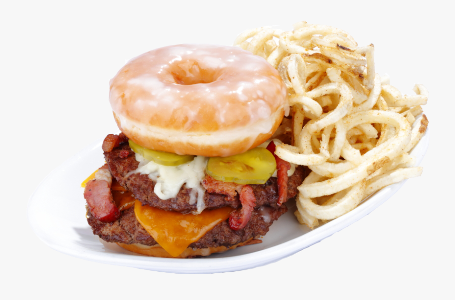 Burger With Cheese, Bacon, Pickles, Donut And Side - Sassy Bass Crazy Donuts, Transparent Clipart