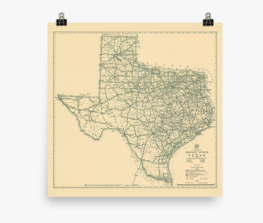 1933 Texas State Highway Map - Old Texas Map, Transparent Clipart
