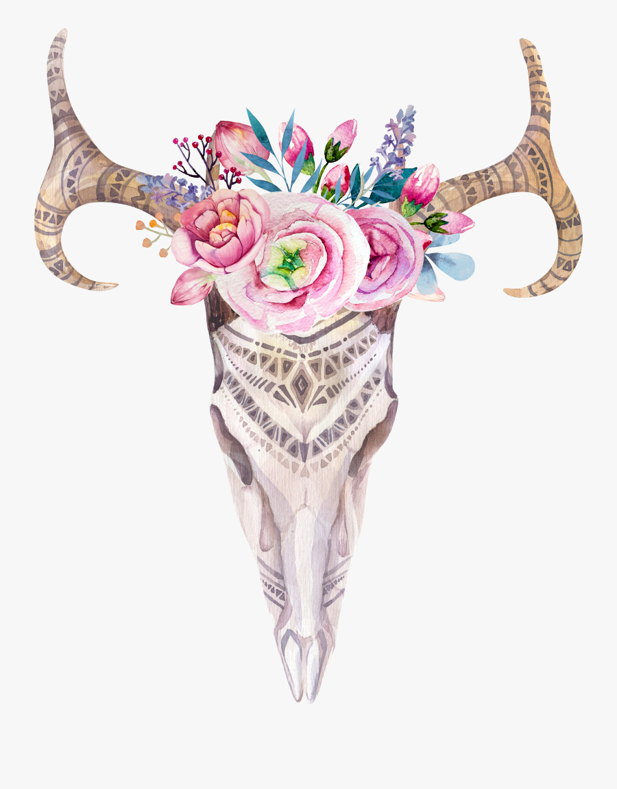 Boho Skull With Antlers Png - Bohemian Deer Skull Print, Transparent Clipart