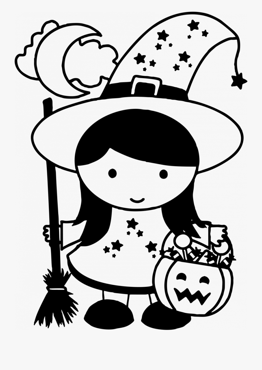 Witch Drawing Girl Cute Anime Hat And Broom Books - Halloween Black And Whi...