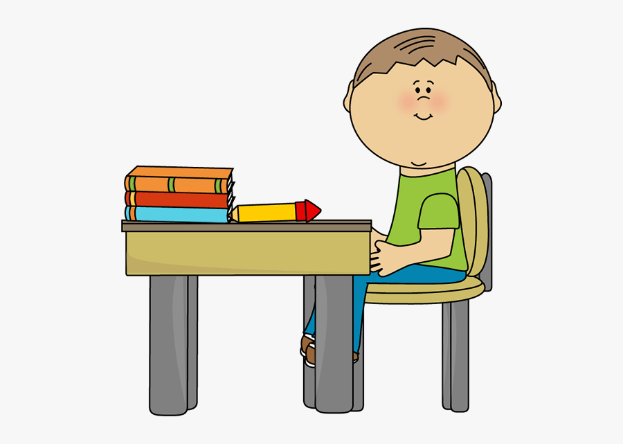 Clean Student Desk Clipart - Boy Sitting At Desk Cartoon, Transparent Clipart