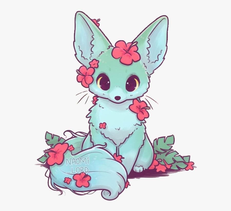 #naomilord #fox #fennecfox #green #floral #flowers - Kawaii Baby Fox Drawing, Transparent Clipart