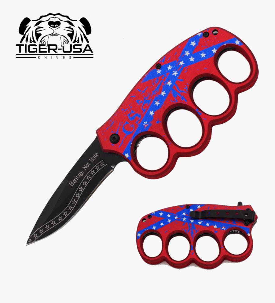 Knuckle Folding Knife 8 Inch Rebel Flag Trigger Action - Trench Knives, Transparent Clipart
