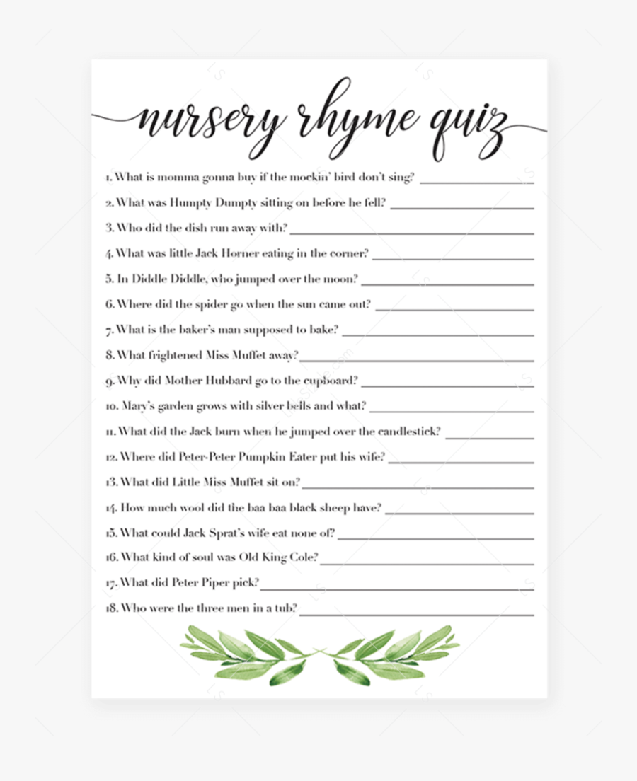 Nursery Rhyme Quiz Printable For Gender Neutral Baby, Transparent Clipart