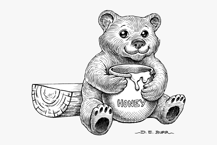 Bear With Honey Jar Childrens Line Art Illustration - Teddy Bear, Transparent Clipart