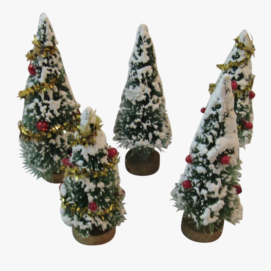 5 Flocked Bottle Brush Trees Tinsel Berries And Mercury - Christmas Tree, Transparent Clipart