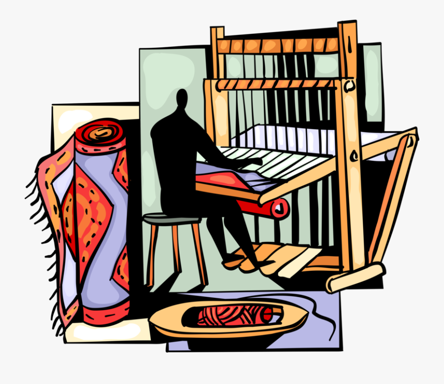 Vector Illustration Of Weaver Operates Weaving Loom - Carpet Weaving Vector, Transparent Clipart