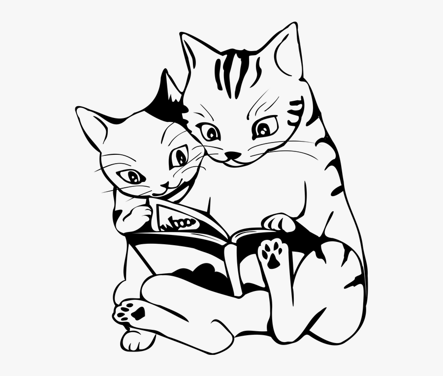 White,line Art,cat,black And White,small To Medium - Cat Reading Draw, Transparent Clipart