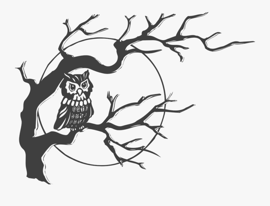 Creepy Clipart Moon - Owl At Night Clipart Black And White, Transparent Clipart