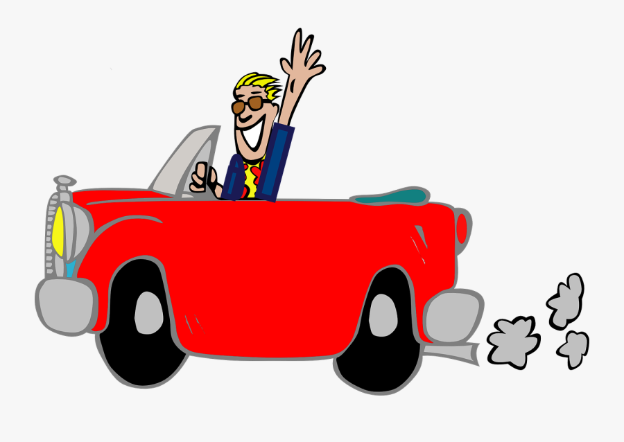 Man, Car, Fun, Greeting, Grinning, Suit, Cartoon, Red - Driving Car Clip Art, Transparent Clipart