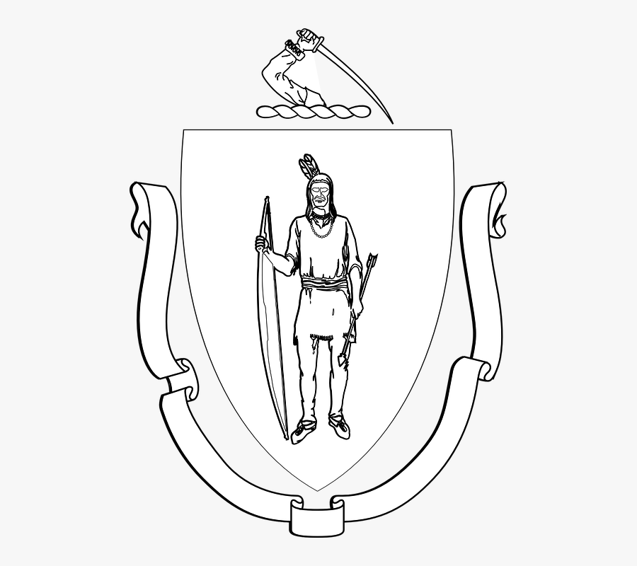 Coat Of Arms, Banner, Indian, Bow, Arrow, Traditional - Massachusetts State Seal Drawing, Transparent Clipart