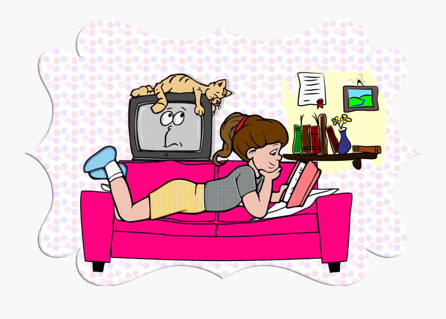 Young, Girl, Child, Sofa, Cat, Pet, Reading, Books - Girl, Transparent Clipart