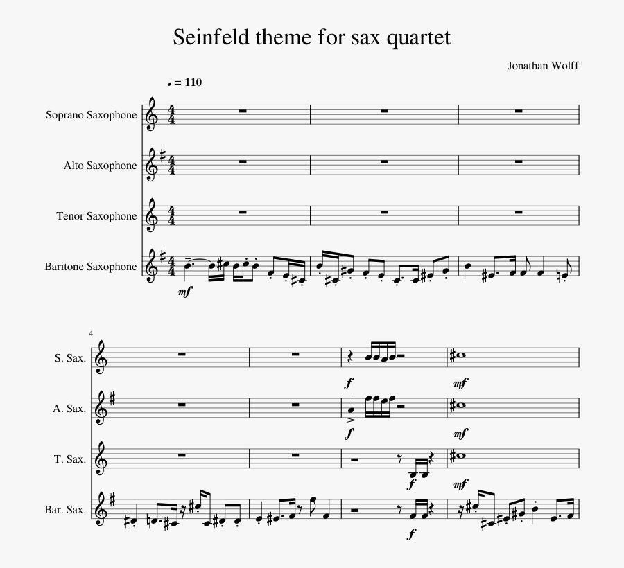 Seinfeld Theme For Sax Quartet Sheet Music Composed - Seinfeld Theme Alto Sax, Transparent Clipart