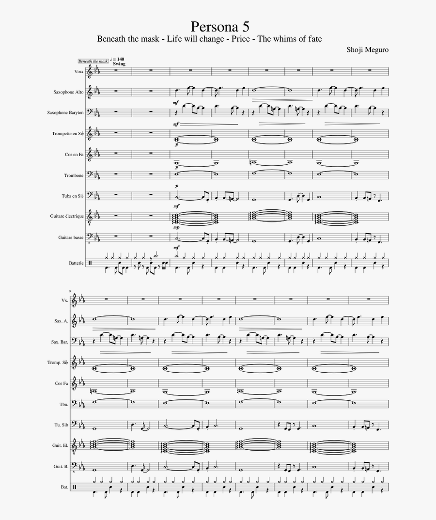 Persona 5 Sheet Music For Piano, Alto Saxophone, Baritone - Beneath The Mask Piano Sheet Music, Transparent Clipart