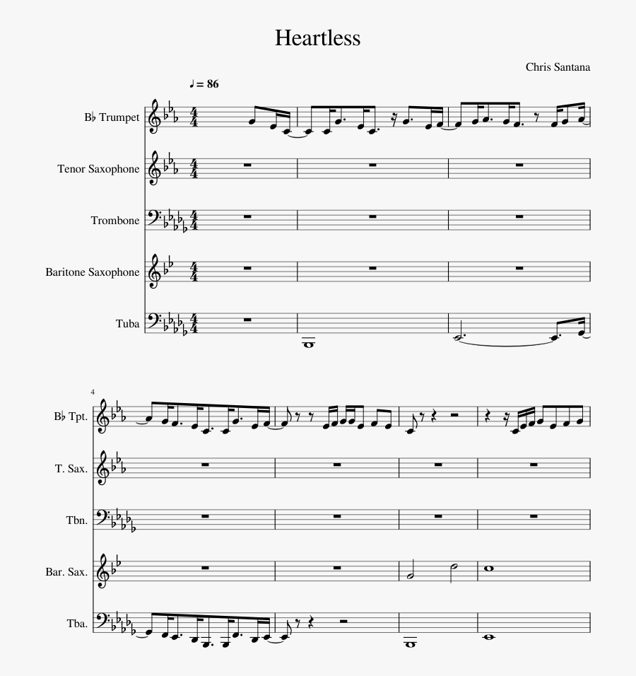 Heartless Sheet Music For Trumpet, Tenor Saxophone, - Meme Songs For Alto Sax, Transparent Clipart