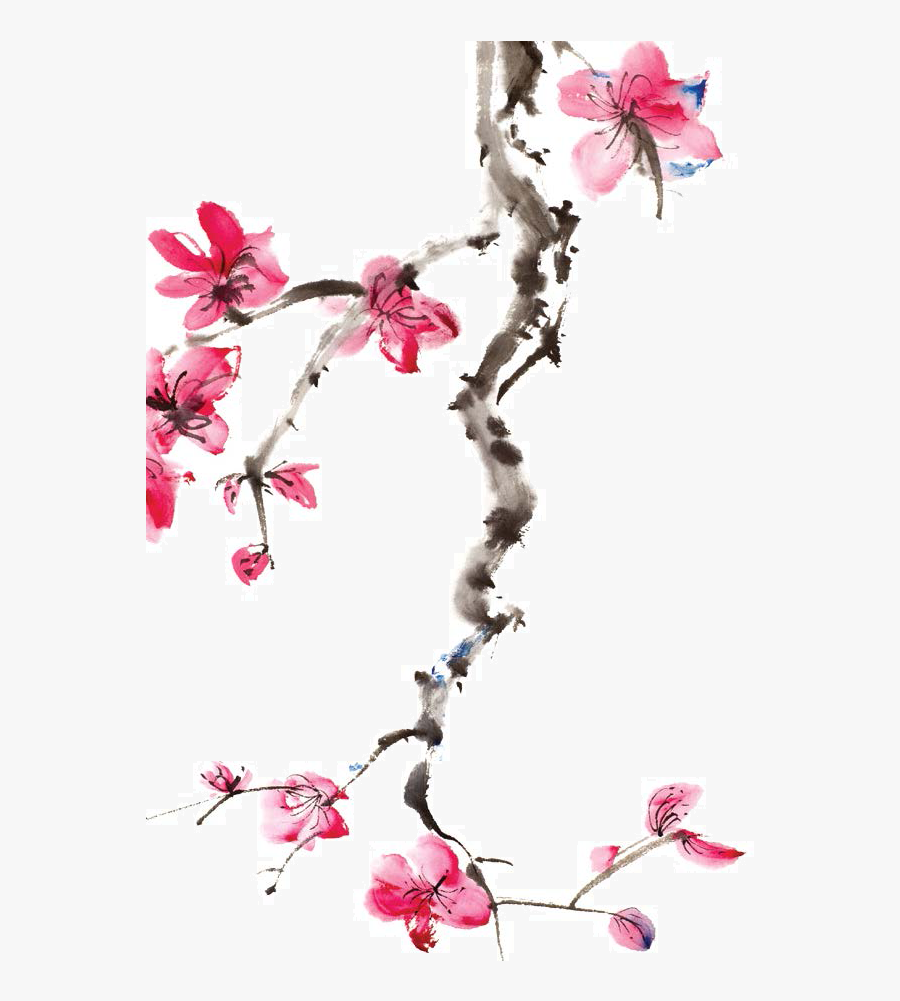 Japan Cherry Blossom Ink Wash Painting - Water Paint Cherry Blossom, Transparent Clipart