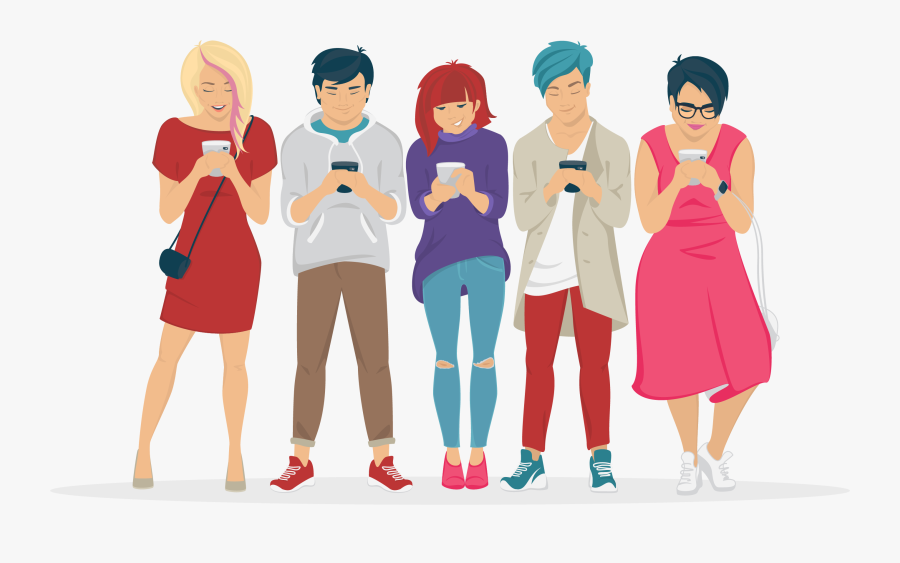 5 Adolescents Happily Using Smartphones - Teenagers Together Cartoon, Transparent Clipart