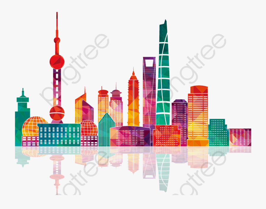 Colorful Shanghai Building Silhouettes, Transparent Clipart