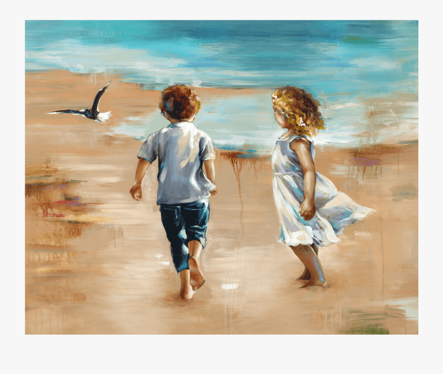 Clip Art Girl At Beach - Boy And Girl On Beach Painting, Transparent Clipart