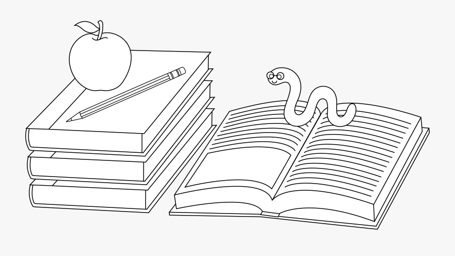 Colorable School Books And Bookworm, Transparent Clipart