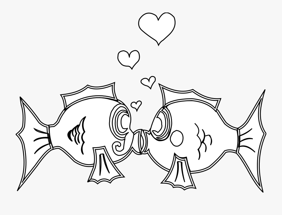 Fish In Love Black White Line Art Coloring Book Colouring, Transparent Clipart