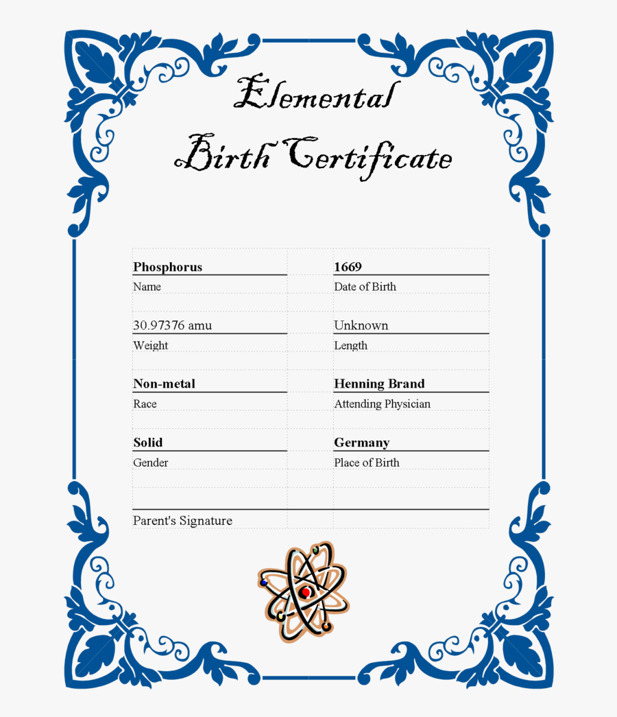 Element Birth Certificate Template - Bordes Vintage Azul, Transparent Clipart