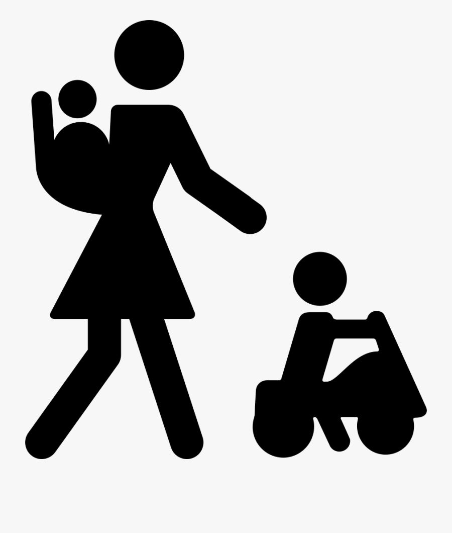 Mother With Baby On Her Back And Other Child On A Car - Mother With Child Icon, Transparent Clipart