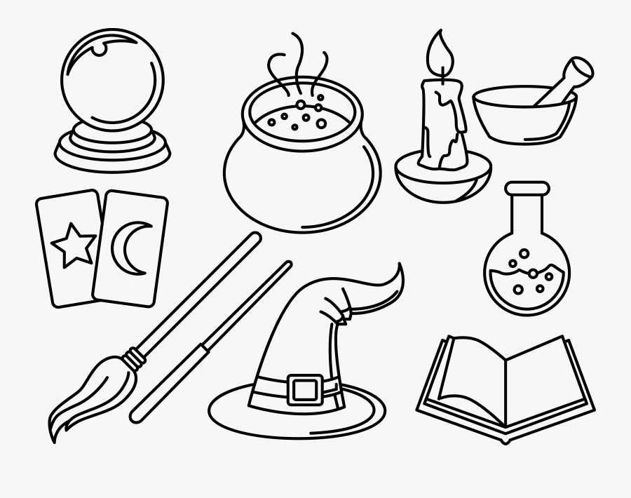 Magic Hat And Wand Lineart - Witch Wand Drawing, Transparent Clipart