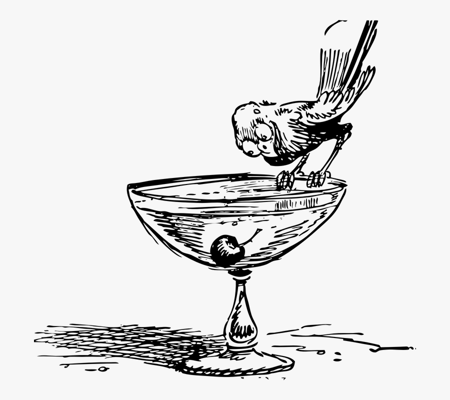 Cocktail, Glass, Cherry, Stemware, Bird - Cocktail Glass Black And White Clipart, Transparent Clipart