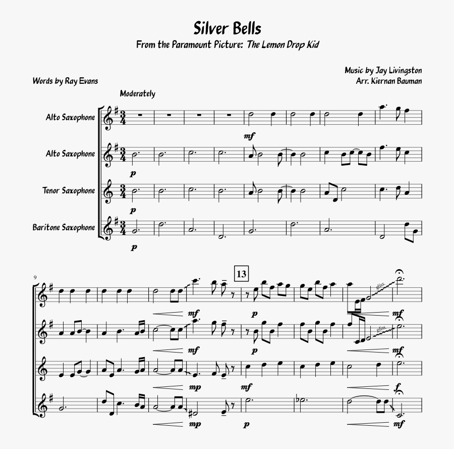 Alto Saxophone Silver Bells Sheet Music - Silver Bells From The Lemon Drop Kid Orchestral Music, Transparent Clipart