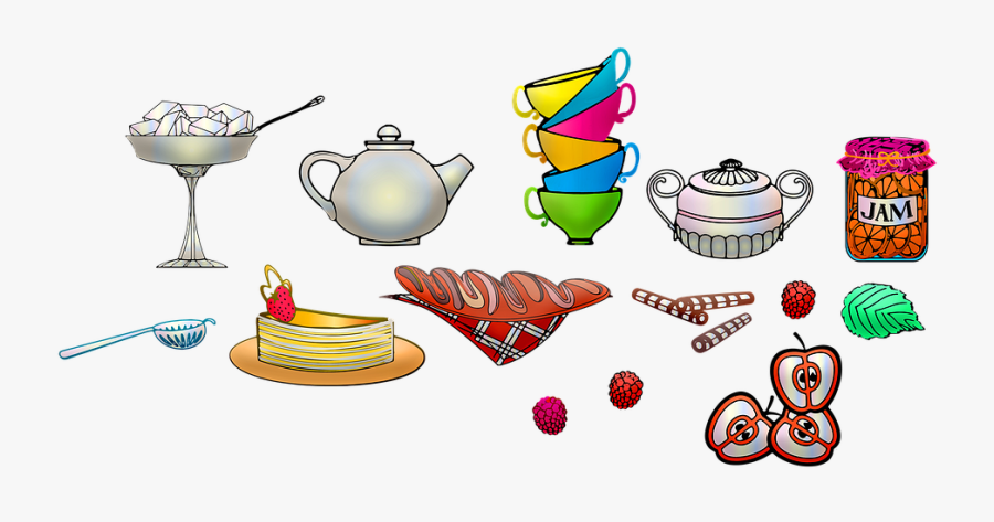 Tea Set, High Tea, Sweets, Cake, Bread, Jam, Cups, Transparent Clipart
