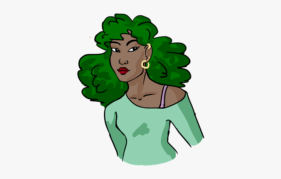 Black Woman, Black Lady, Green Hair, Fashion, Lady - Cartoon, Transparent Clipart