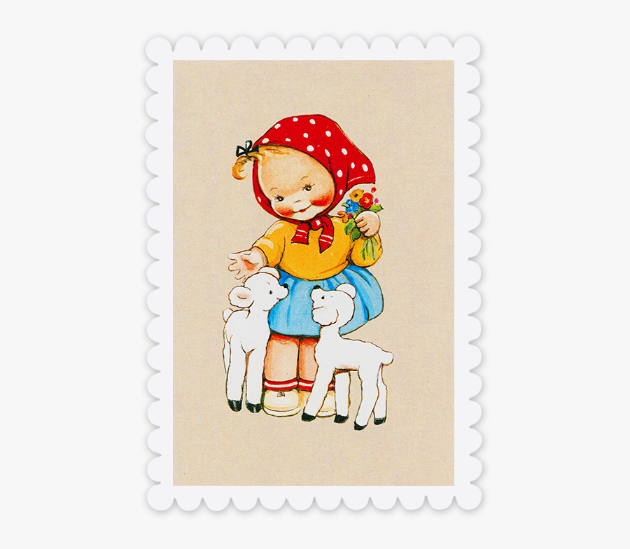 Little Lambs Girl And Lamb Greetings Card , Transparent - Cartoon, Transparent Clipart