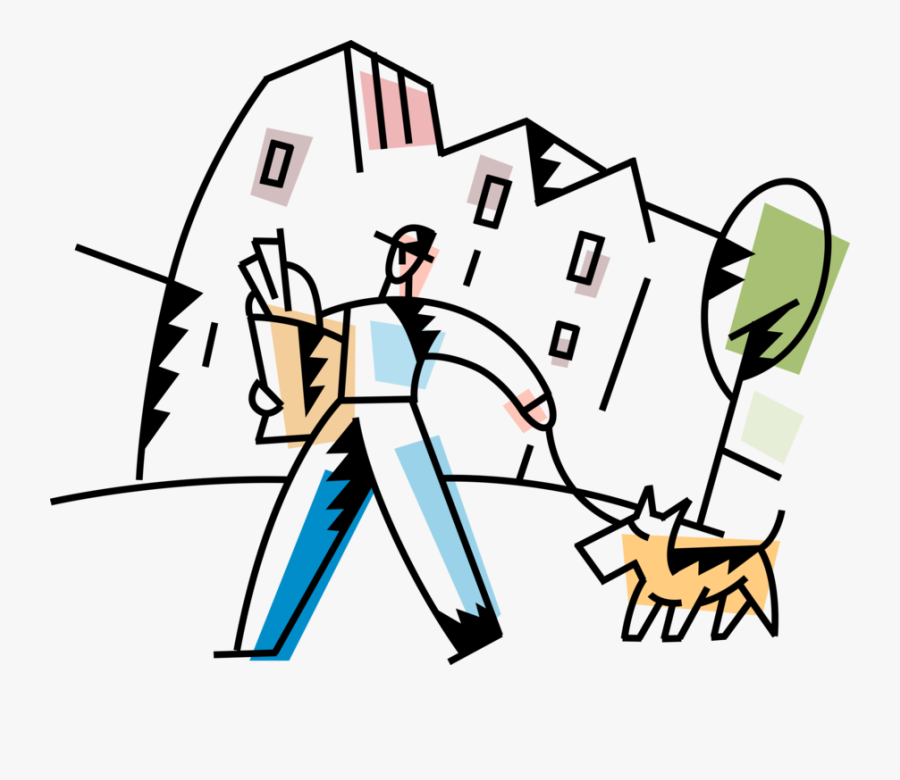 Vector Illustration Of Man Walks Family Pet Dog On, Transparent Clipart