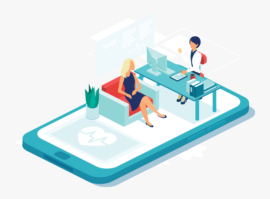 Cartoon Of Doctor Talking To A Patient At Her Desk - Illustration, Transparent Clipart