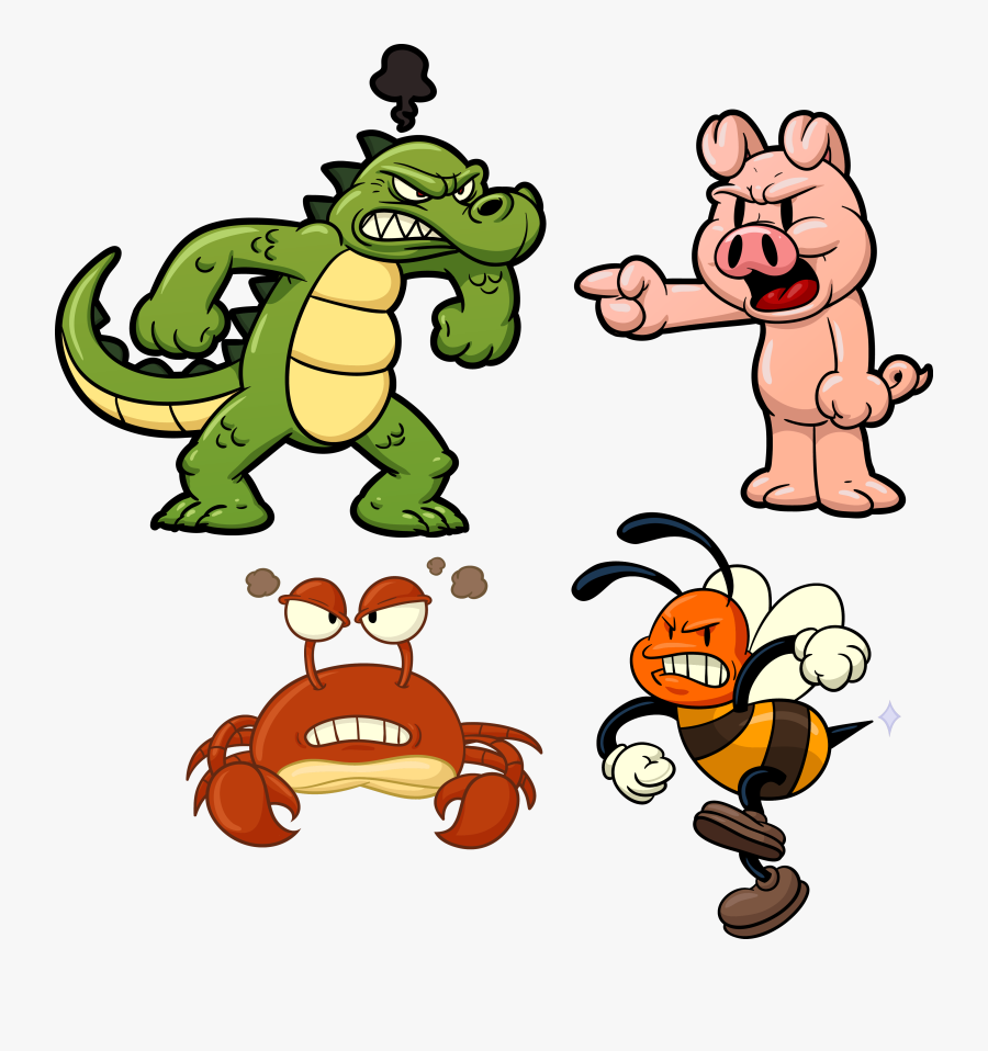 Cute Animals Angry Bee Honey Crocodile Vector Clipart - Angry Crocodile Cartoon, Transparent Clipart