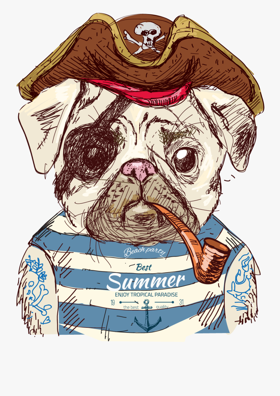 Cute Pug Dog Illustration Pirate Drawing Clipart - Pirate Pug, Transparent Clipart