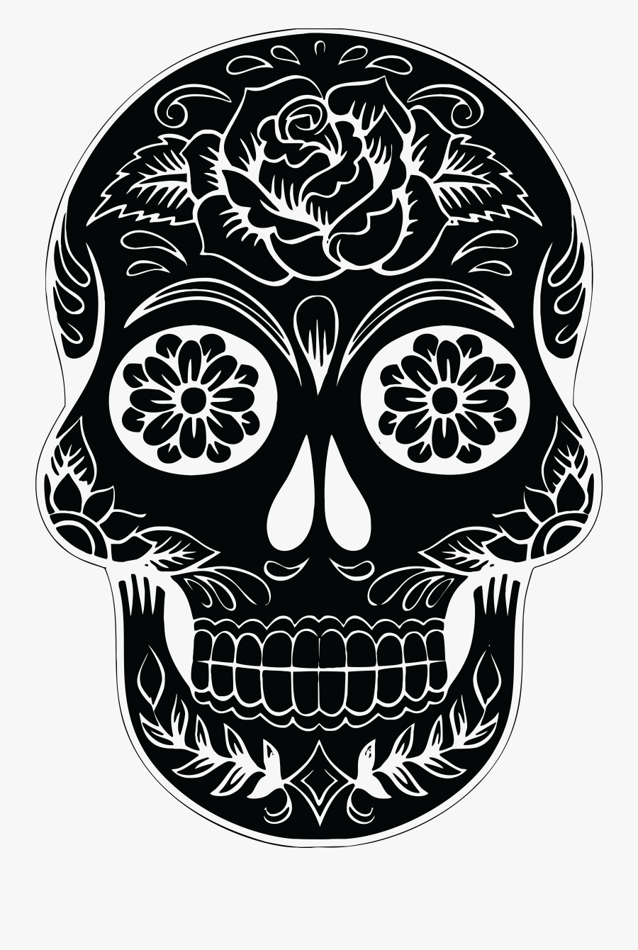 Calavera Skull Silhouette Clip Art - Black And White Sugar Skull, Transparent Clipart