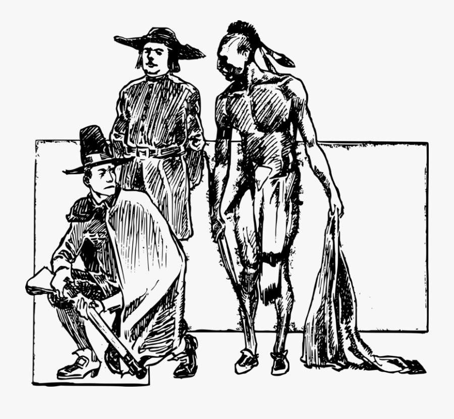 Standing,human Behavior,fashion Illustration - Clipart Black And White Thanksgiving Pilgrim Indian, Transparent Clipart