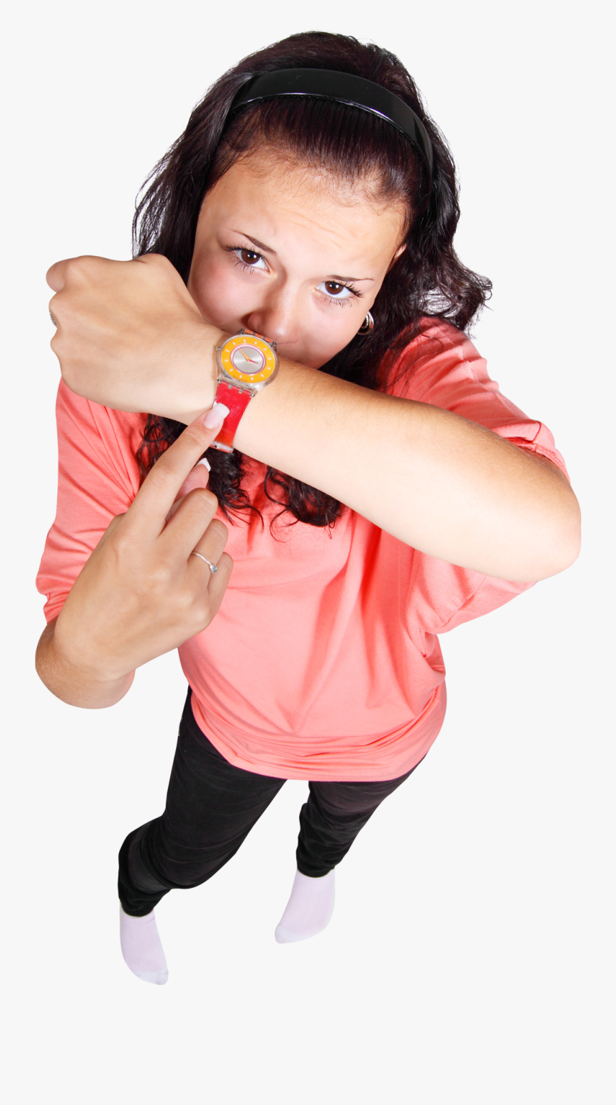Young Girl Pointing Finger At Her Watch Png Image - Model With Watch Png, Transparent Clipart