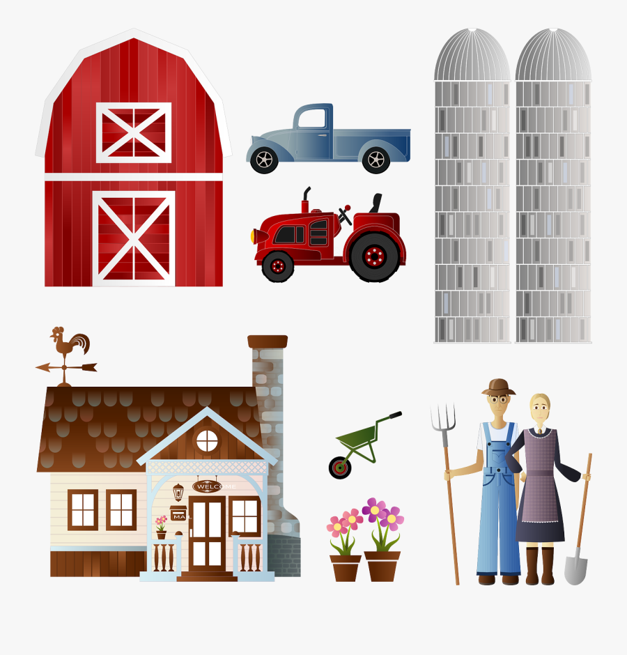 Tractor Barn, Flowers, Farm, Farmer, Pot, Silo, Spade, - Farmhouse Clipart, Transparent Clipart
