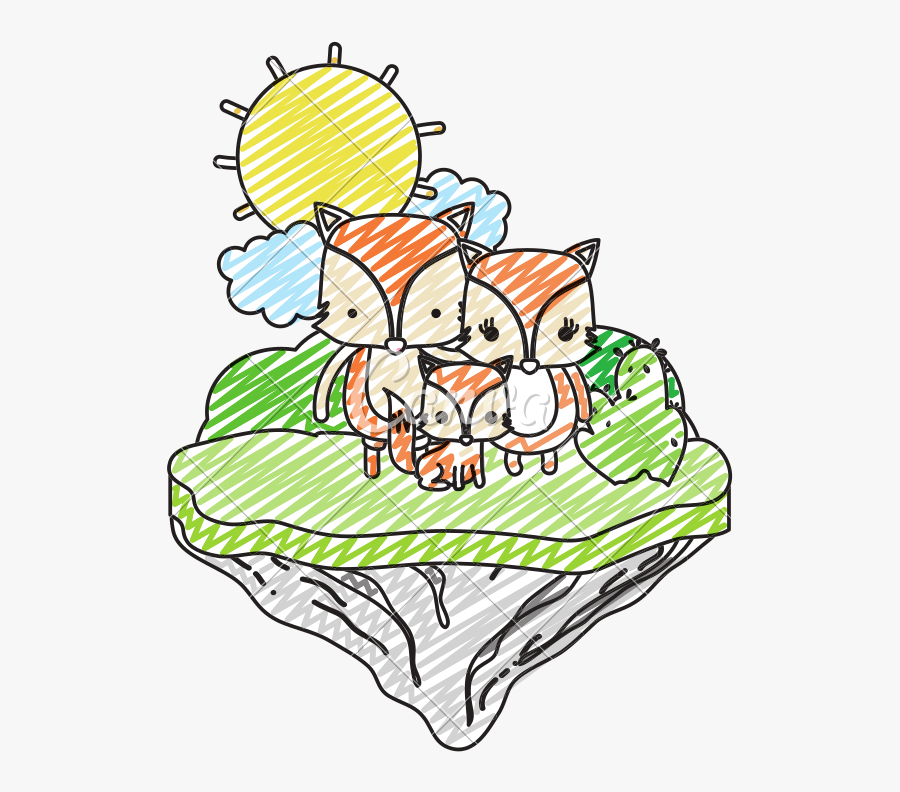 Doodle Family Fox Animal In The Float Island - Illustration, Transparent Clipart
